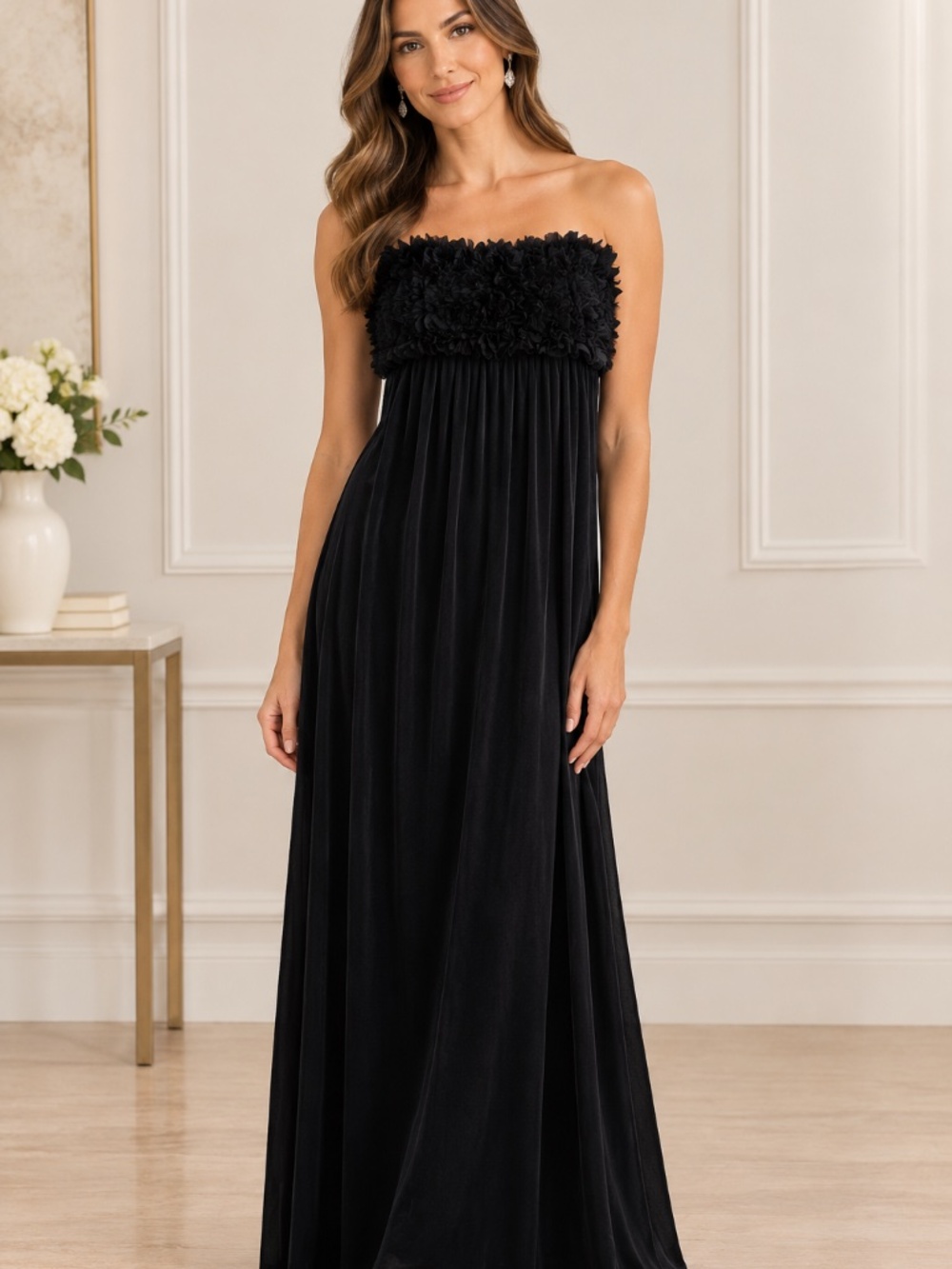 Black Strapless Maxi Dress with Textured Ruffle Bodice